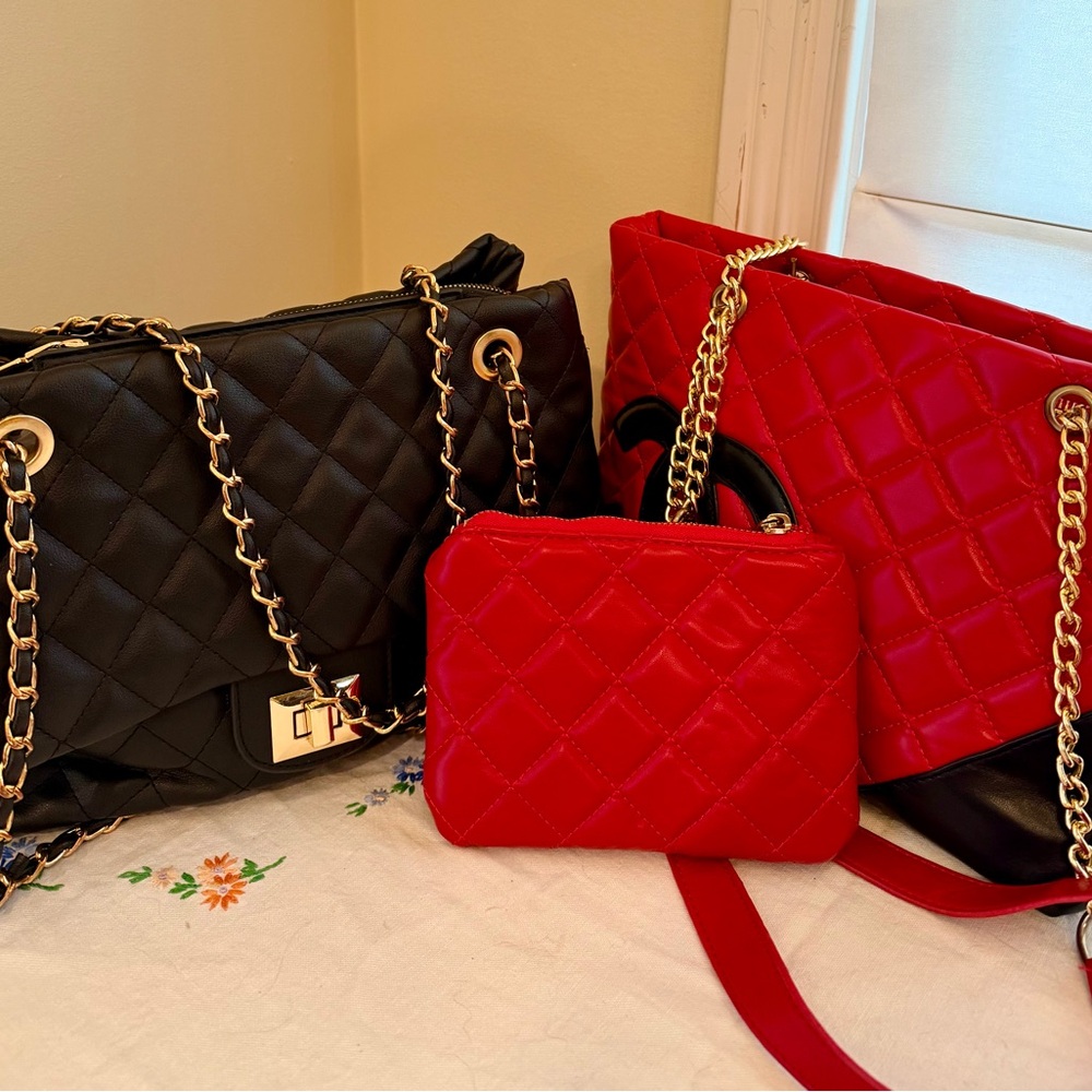 Quilted Chain Bag Bundle | Black Shoulder Bag + Red Tote & Pouch- Gold Chain - Picture 2 of 5